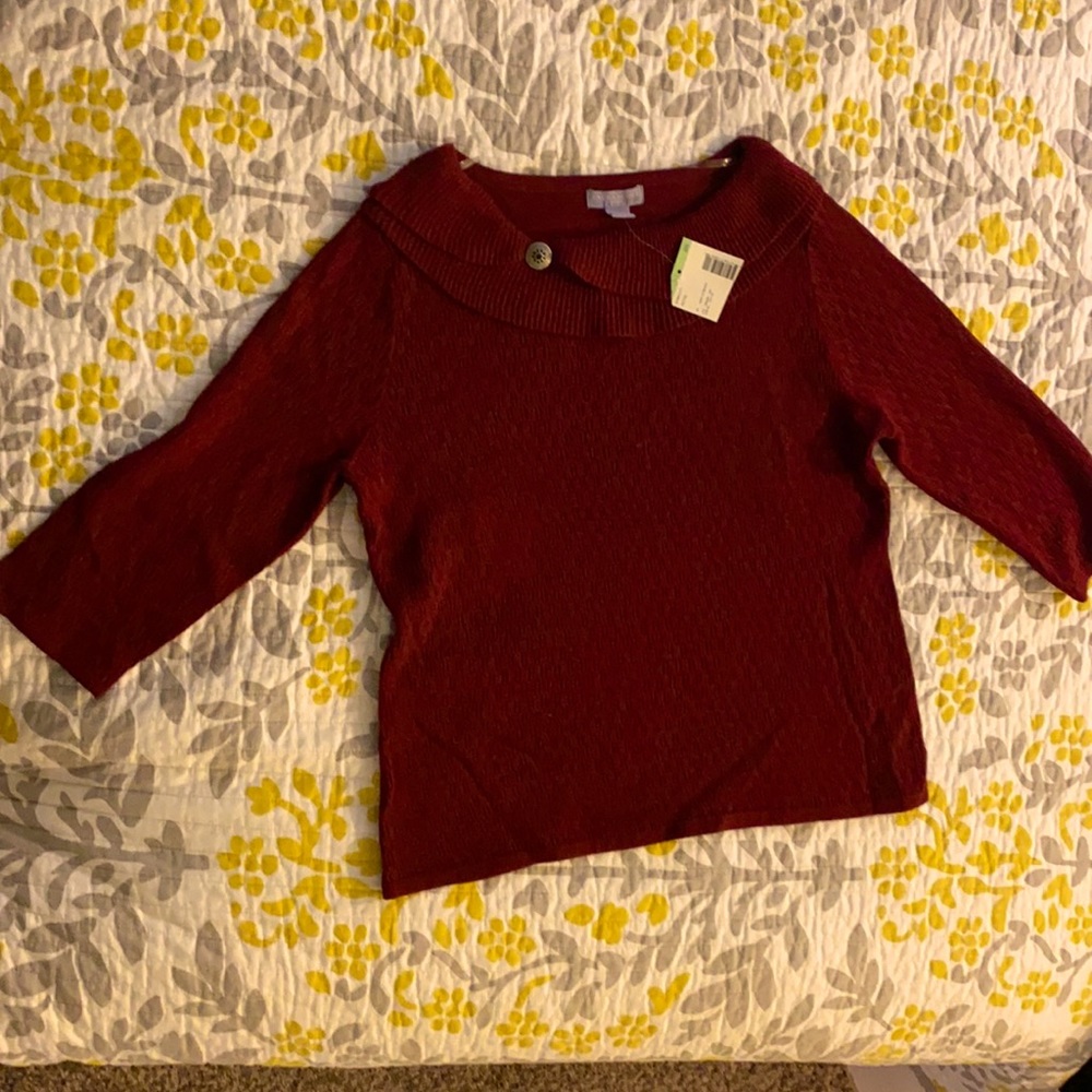 Laura Scott Petite Large scoop neck lite three-quarter sleeve sweater. Maroon.